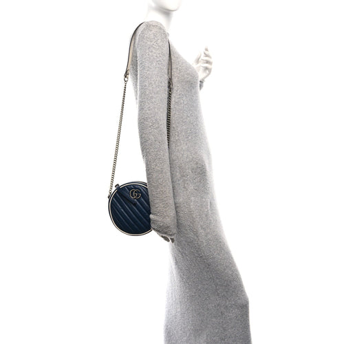Azalea Calfskin Matelasse Diagonal Mini Torchon GG Marmont Round Shoulder Bag Blue Agata Mystic White