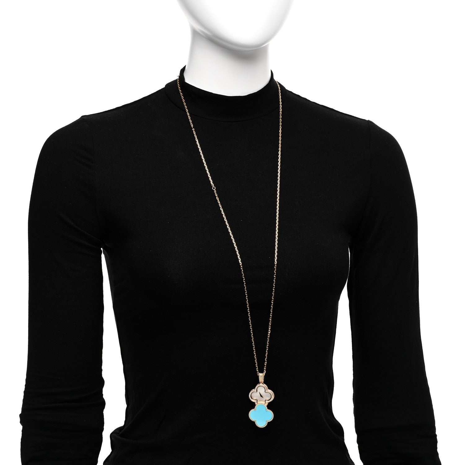 18K Yellow Gold Diamond Turquoise Mother of Pearl 28mm Alhambra Secret Pendant Quartz Watch