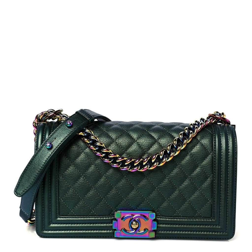 Iridescent Goatskin Quilted Medium Boy Flap Green