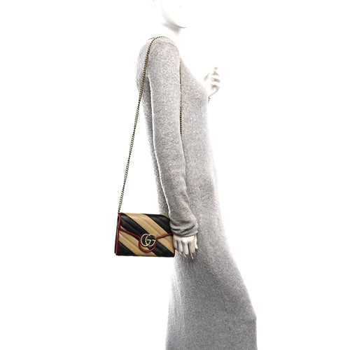 Azalea Calfskin Matelasse Diagonal Patchwork Torchon GG Marmont Chain Wallet Black Beige Romantic Cerise